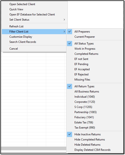 An image showing PCM filters available for the admin preparer.